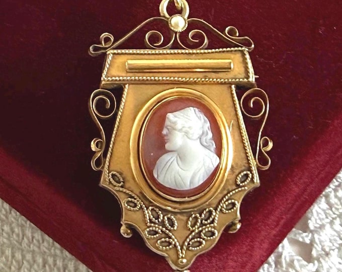 Antique Cameo Locket Brooch Necklace: 14K Gold Filled Chain, Victorian Memorial Jewelry
