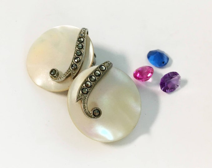 Vintage Art Deco Mother of Pearl & Marcasite Silver Disc Earrings - Antique Round Clip on Earrings w/ 800 Silver