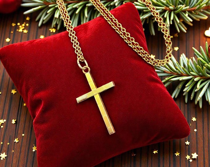Vintage Etched 12K Gold Filled Cross Pendant Necklace - 1940s Religious Jewelry