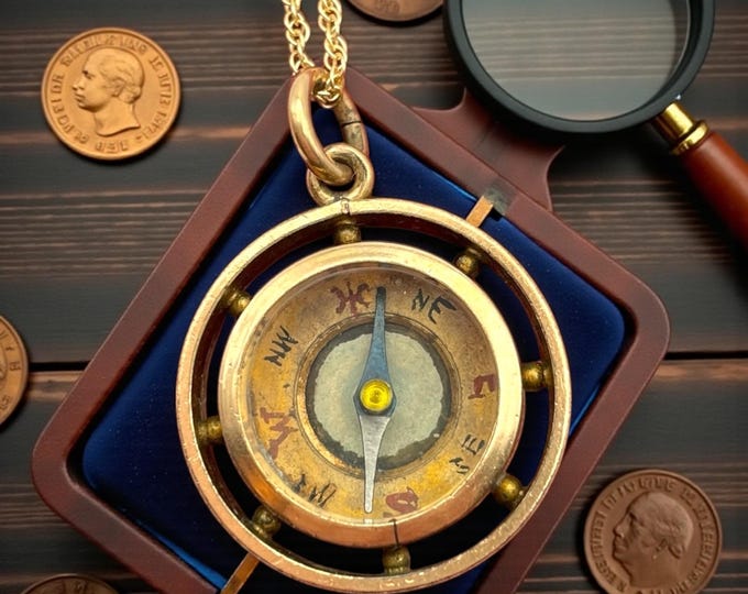 Antique Gold Compass Charm: Gold Filled Pendant with 14K GF Chain - North South East West Find Your Way!