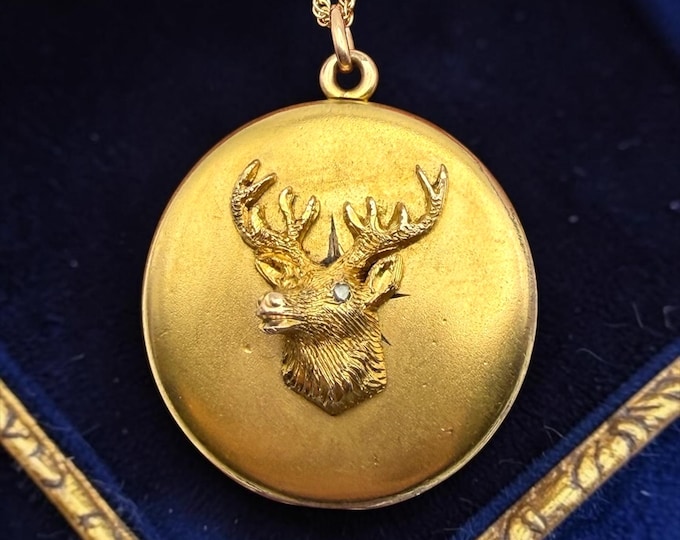 Antique Gold Filled Locket Necklace – Stag Deer with Diamond Eye, Monogrammed NAL