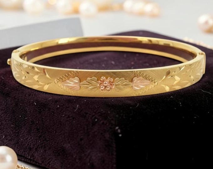 Vintage Gold Filled Bangle: 14K GF Hinged Etched Two-color Bracelet, Carl Art