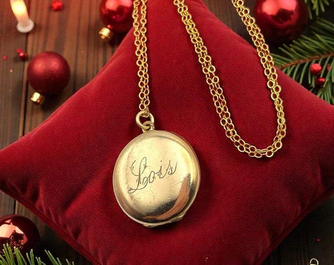 Antique Gold Filled Locket Necklace – Monogram Name Engraved "Lois", 1900s Vintage Round Photo Pendant