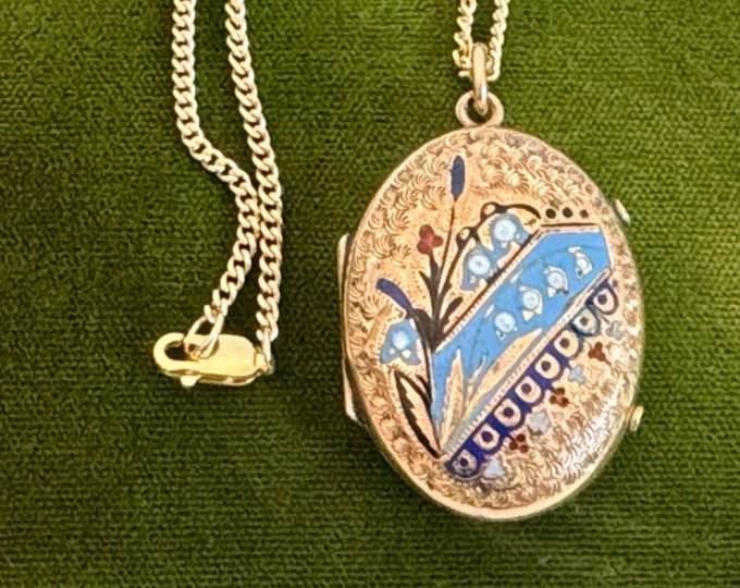 Victorian Oval Locket w/ Ornate Black White Blue Red Enamel w/ Etched & Chased Back on 14K GF Curb Chain - Antique Vintage Estate Jewelry