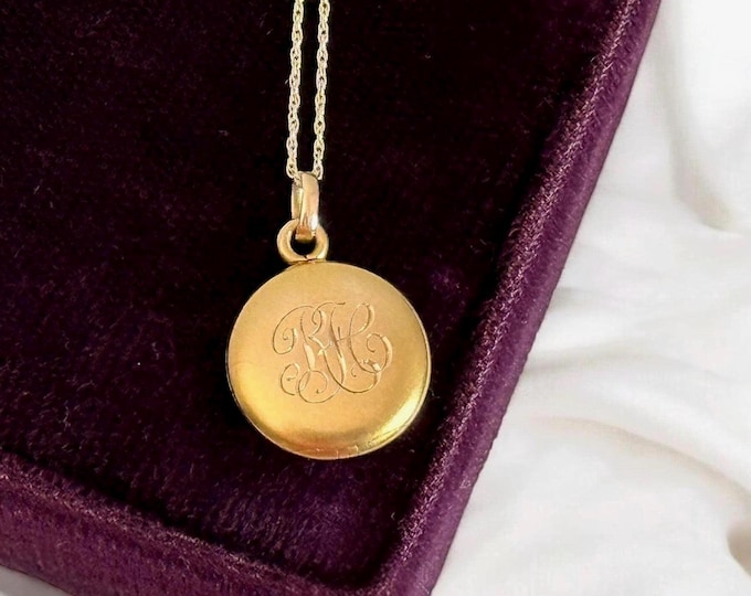 Vintage 10K Gold Small Round Locket on 10K Gold Chain w/ 2 Photo Wells - W&H Maker Antique Necklace - Engraved Initials RTC - Estate Jewelry