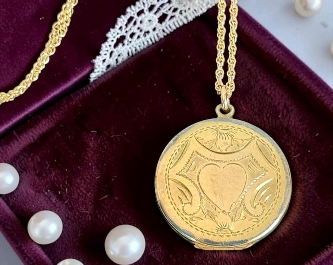 Vintage Etched Round Gold Plated Locket Pendant: Heart Design, 14K Gold Filled Chain