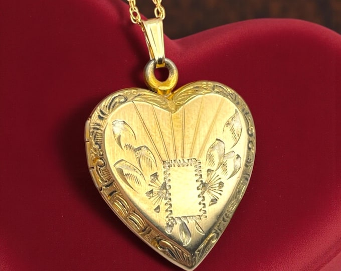 Vintage Gold Heart Locket - Gold Filled Floral Etched Necklace Pendant with 14K GF Chain