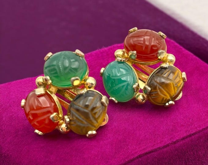 Multicolor 12K Gold Filled Scarab Earrings - GF Clip On Carved Beetle Egyptian Revival Vintage Mid Century Jewelry 1950s Burt Cassell RARE