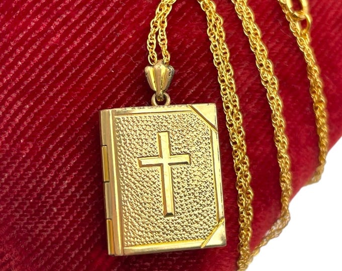 Vintage Gold Filled Bible Book Locket with Cross Lord's Prayer - Speidel 12K GF Necklace Pendant 1940s Keepsake Photo Girl Child's Jewelry