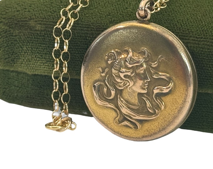Art Nouveau Locket Gold Filled Large Round  w/ Repousse Woman & AWA Monogram on 14K GF Chain - HAS Hallmark - Timeworn Treasure