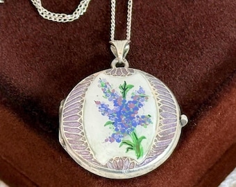 Vintage Sterling Silver Round Locket, Purple Painted Flower Enamel, 925 SS Chain
