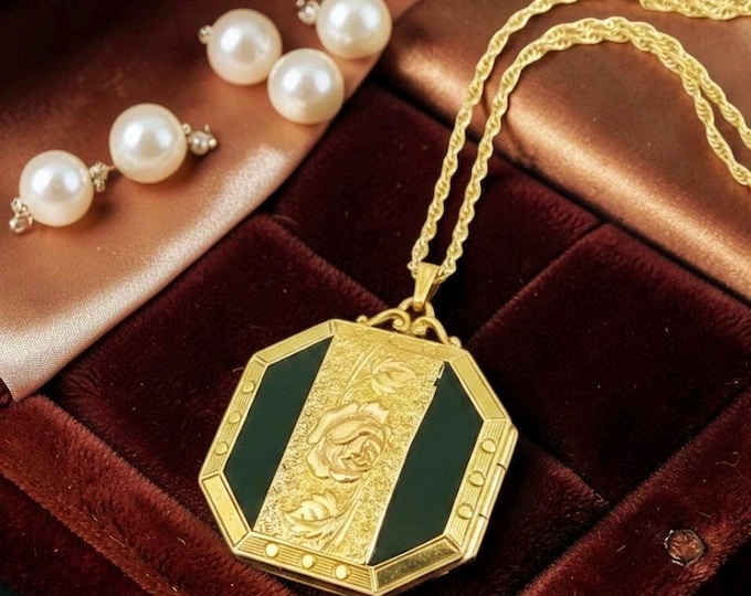 Vintage Gold Filled & Black Enamel Octagon Locket - Engraved 1959, 14K GF Chain