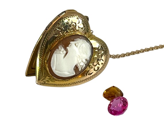 Vintage Gold Filled Carved Cameo Heart Locket - E… - image 7