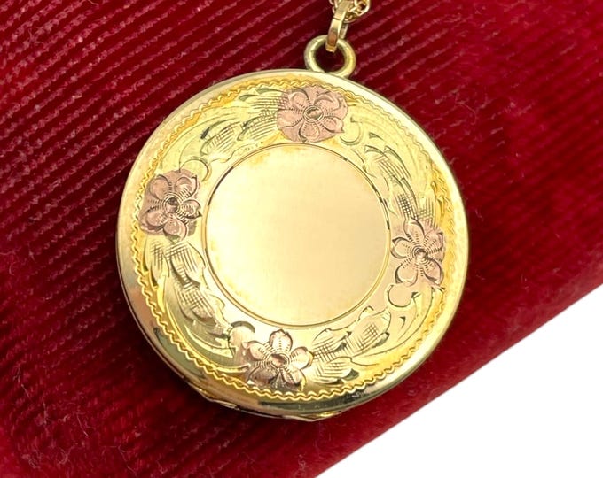 Vintage 12K Gold Filled Locket Necklace: Tricolor Floral Etched Design by Lestage LMFG, 20" 14K GF Chain