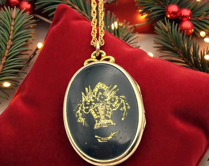 Vintage Gold Filled Locket Necklace: Oval Black Enamel Floral Basket with 20" GF Chain
