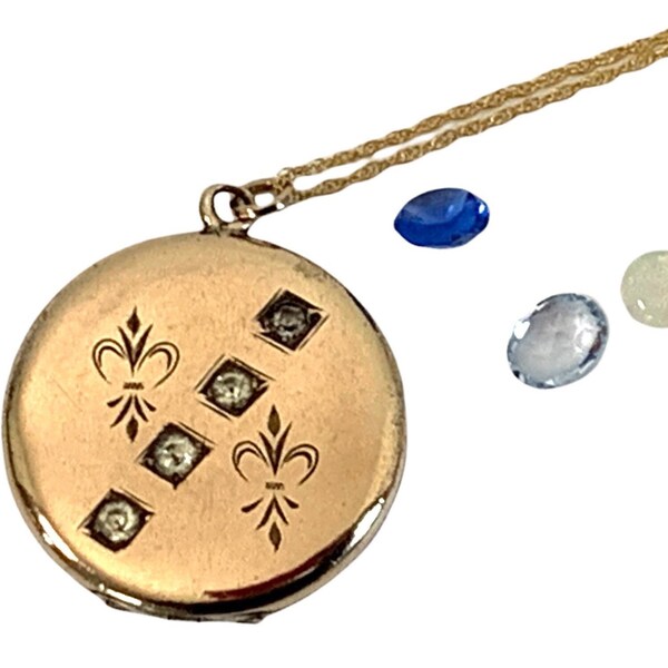 Antieke art nouveau 10K gold filled ronde foto medaillon 14K GF ketting-2 foto ketting plakken stenen en geëtst Fleur de Lis ca 1900 - GERESERVEERD