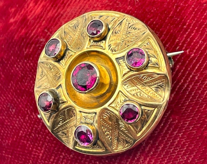 Victorian Yellow Gold Plated Brooch with Purple Gem Stones - Vintage Mourning Hair Photo Locket Pin Antique Estate Jewelry Circa Late 1880s