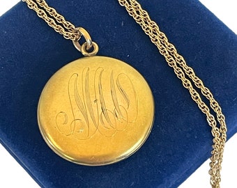 Antique Round 1/4 Gold Shell Locket with “MAO” Monogram -  W&H CO Hallmark - Pendant Necklace 12K Gf CACO C Aco Chain ca 1900 Estate Jewelry