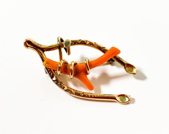 Vintage Coral Wishbone Brooch: 12K Gold Filled Luck Pin