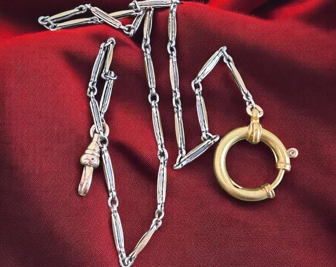Antique Unique Bar Link Watch Chain - Mixed Metal Charm Holder w/ Large Brass Spring Ring & Dog Clip Clasp - Vintage Two-Tone Pocket Watch