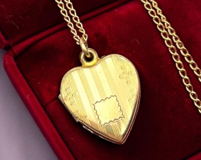 Vintage Etched Heart Small Locket Necklace: 10K Gold Filled Pendant, 14K GF Chain