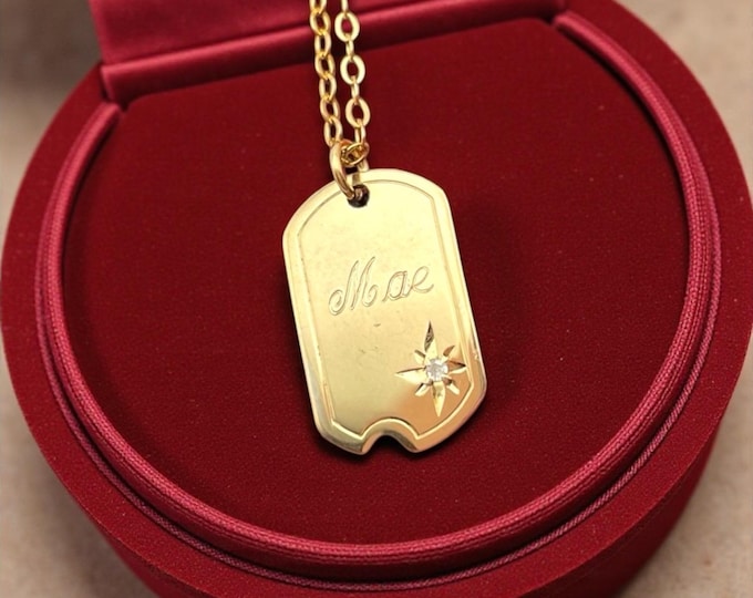 Vintage Gold Dog Tag - 14K Gold Filled Pendant with Name "Mae" Diamond Chip on 14K GF Chain 1950s Jewelry