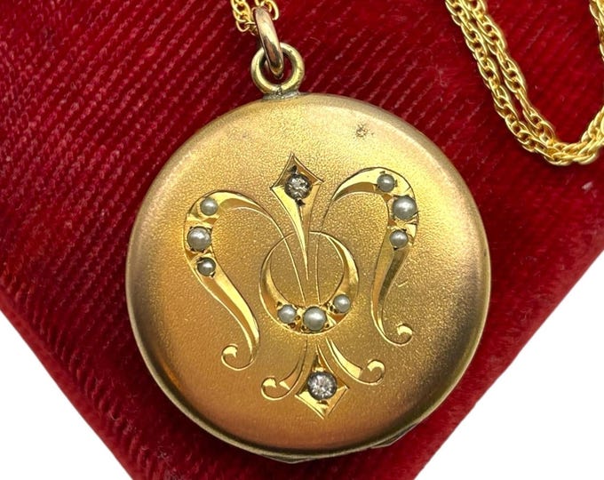 Antique Round Gold Filled Locket - Paste Rhinestones Pearls Letters REH Monogram Photo Necklace 14K GF Chain 1900s Edwardian Estate Jewelry