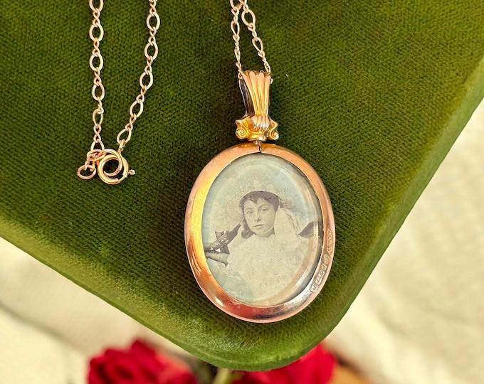 Antique 9K Rose Gold Locket Double Sided 2 Photo Pendant on 14K GF Chain - Marked England 1919 GFB Beveled Glass - Screw Top Bale & 2 Photos