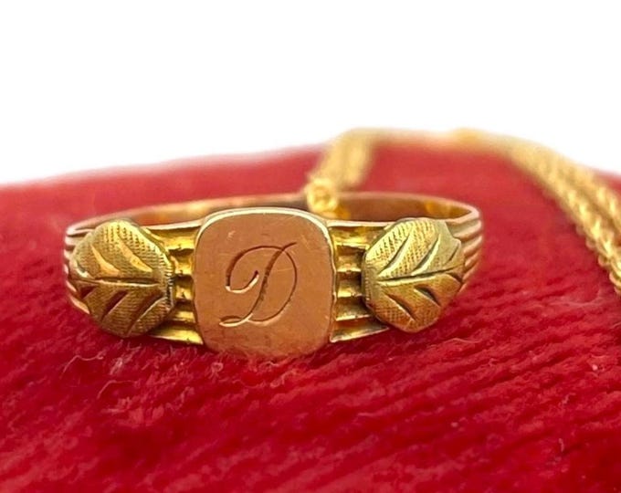 Antique 14K Yellow Gold Signet Baby Child Ring Early 1900s - Engraved "D" Leaves Victorian Size 3.75 14K GF Gold Filled Chain Mom Necklace