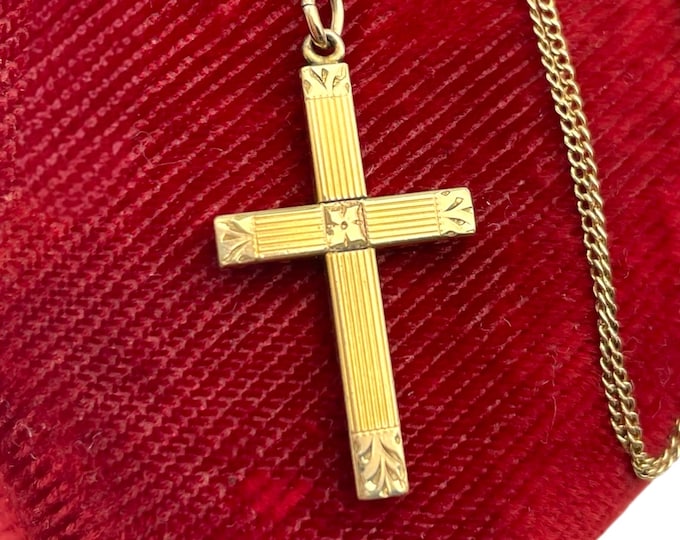 Vintage 10K Gold Filled Cross - Etched on 12K GF Chain Yellow Gold 1940s Retro Religious Christian Pendant Necklace Jewelry Gift for Her