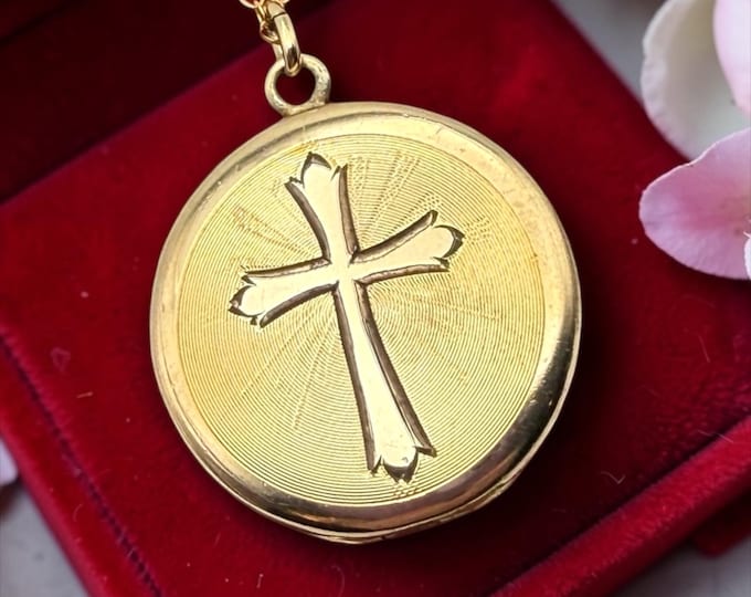 Vintage Etched Cross Locket – 12K Gold Filled Photo Pendant, 14K GF Chain
