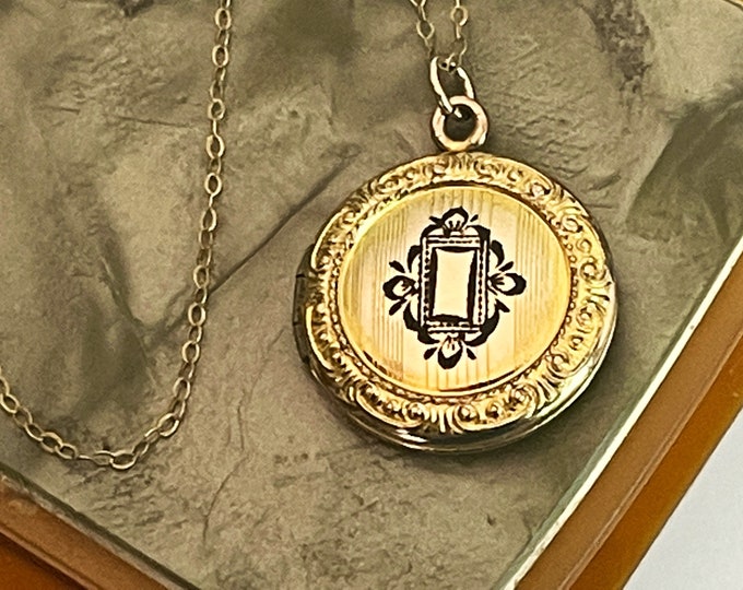 Vintage 12K Gold Filled Etched & Chased Round Locket w/ Black Enamel Accent on 14K GF Chain - WH Hallmark Pendant Necklace - Estate Jewelry