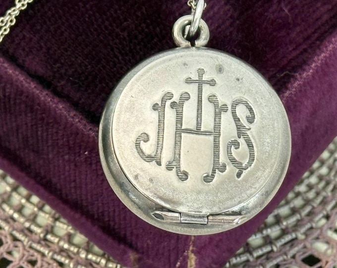 Vintage Round IHS Christogram Locket - Silver Pendant, 925 Chain, Keepsake Catholic Christian Necklace Jewelry
