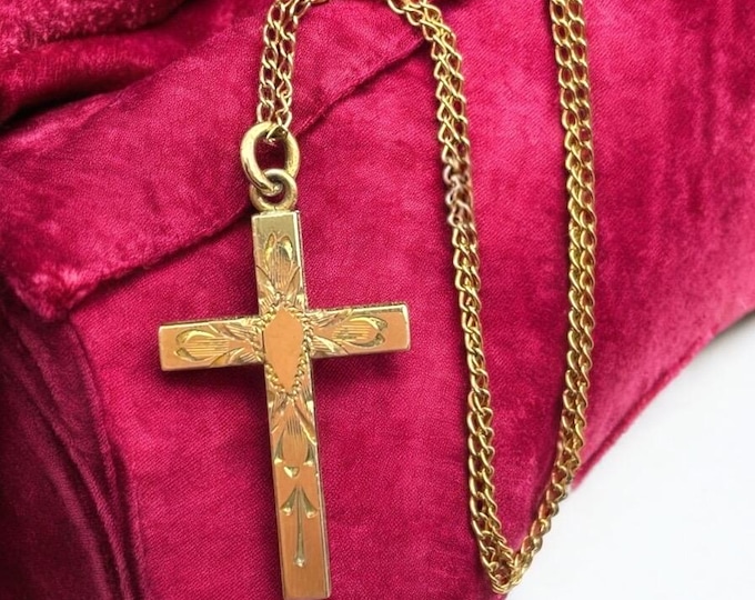 Vintage Gold Filled Etched Cross - TK Tru-Kay 14K GF Chain Yellow Gold 1950s Retro Religious Christian Pendant Necklace Jewelry Gift for Her