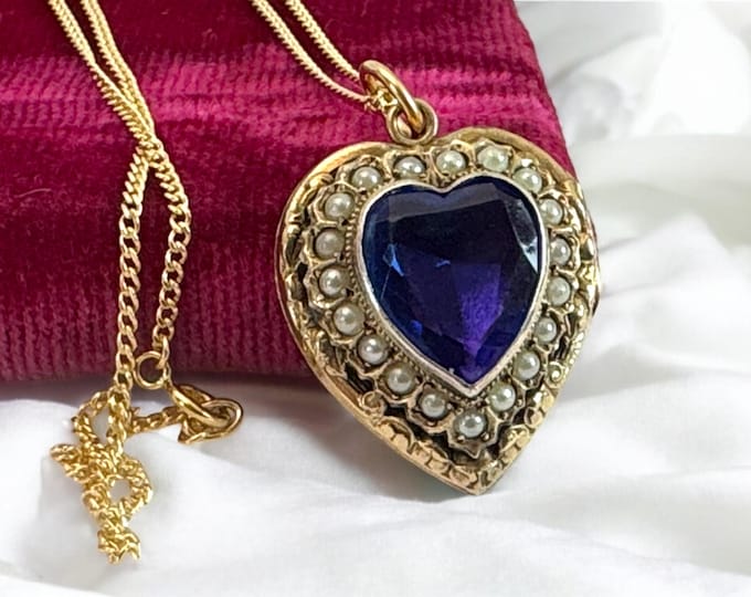 Vintage Gold Filled Heart Locket w/ Blue Glass Gem & Seed Pearls - 2 Photo Wells - Ornate Repousse Back - Pendant Necklace - Estate Jewelry