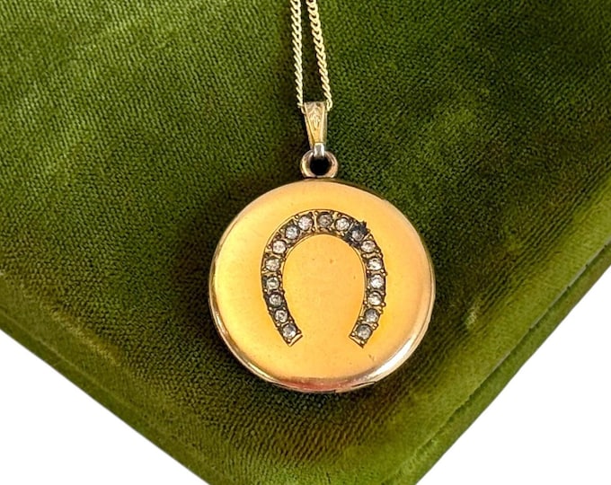 Antique Gold Filled Round Locket Necklace - Bliss Bros Hallmark - Horseshoe w/ 17 Paste Stones AMG Monogram & 2 Photo Wells - Ca Early 1900s