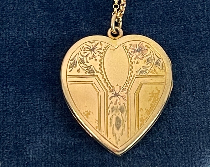 Vintage Etched Heart Shape Gold Filled Photo Locket Pendant on 14K GF Chain - P&K Hallmark w/ 2 Photo Wells - “Timeworn Treasure” Necklace