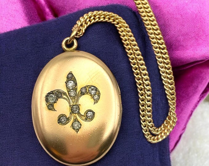 Antique Oval Gold Filled Locket - Etched Rhinestones Fleur de lis W&H CO Hallmark Photo Pendant Necklace 14K GF Chain ca 1900 Estate Jewelry