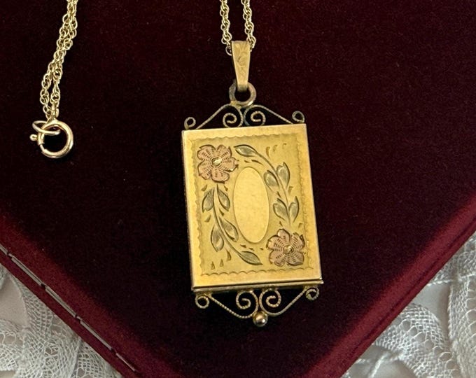 Vintage 12K Gold Filled Oval Etched Slide Locket Necklace, 12K GF Chain