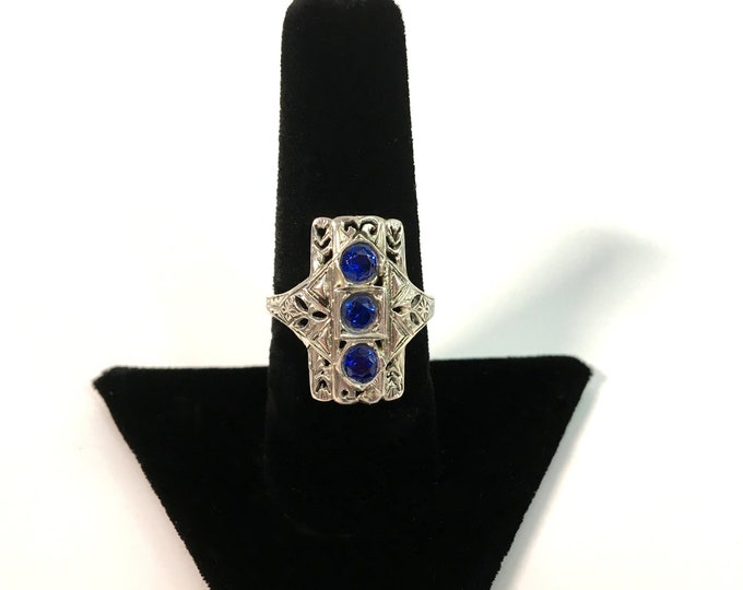 Art Deco Sterling Silver Blue Spinel Ring - Louis Rauch Designer Ring Ornate Filigree w/ 3 Blue Spinel Gems - 925 SS Vintage Estate Jewelry