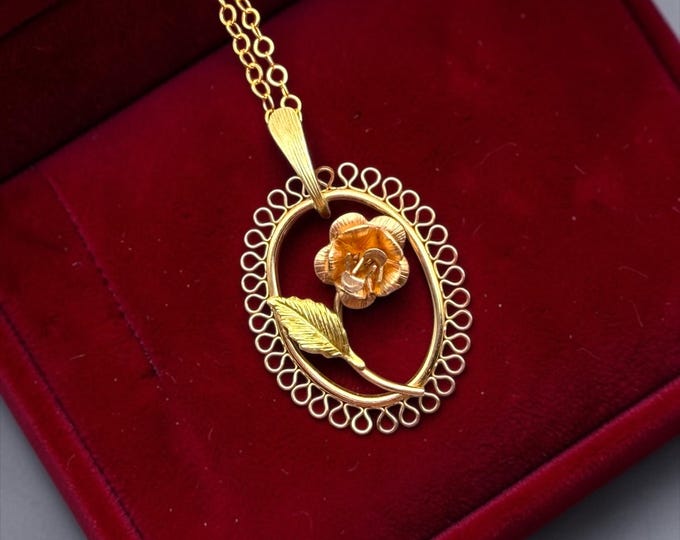 Vintage Krementz Rose Necklace – 14K Gold Filled Pendant, Filigree Oval, 1960s Jewelry