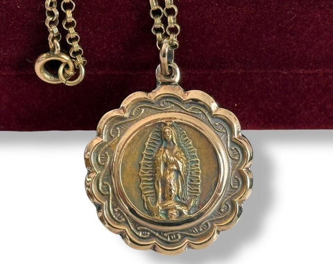 Vintage Our Lady of Guadalupe Medal, Sacred Heart, 12K Gold Filled Chain