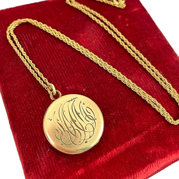 Round Gold Filled Locket Necklace -  14K GF BB Binder Bros Hallmark Chain - Monogrammed MAM Engraved Pendant Early 1900s - Edwardian Jewelry