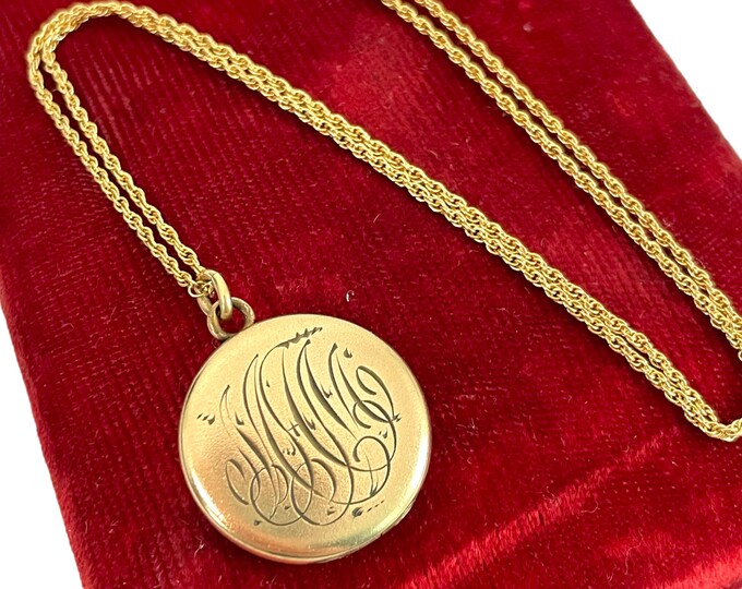Round Gold Filled Locket Necklace -  14K GF BB Binder Bros Hallmark Chain - Monogrammed MAM Engraved Pendant Early 1900s - Edwardian Jewelry