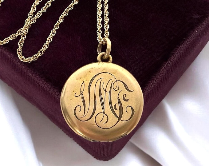 Antique Gold Filled Locket Necklace, Monogram VMF, Dated 1920