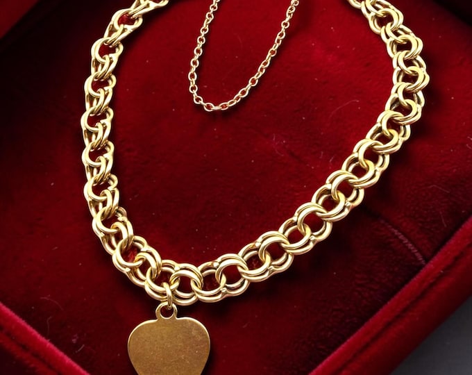 Vintage 12K Gold Filled Heart Charm Bracelet: Danecraft Mid Century Double Link Chain