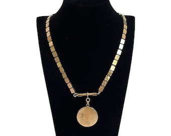 Antique Gold Filled Bookchain Locket Necklace: Etched Pendant, 1900s