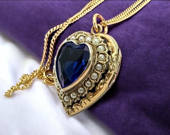 Vintage Gold Filled Heart Locket Necklace: Blue Glass & Seed Pearls