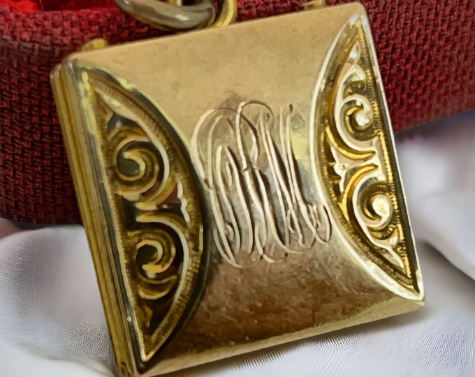 Antique Square Fob Locket Necklace Repousse Design w/ 2 Monograms & 2 Photo Wells on 14K GF Chain - Vintage Estate Jewelry