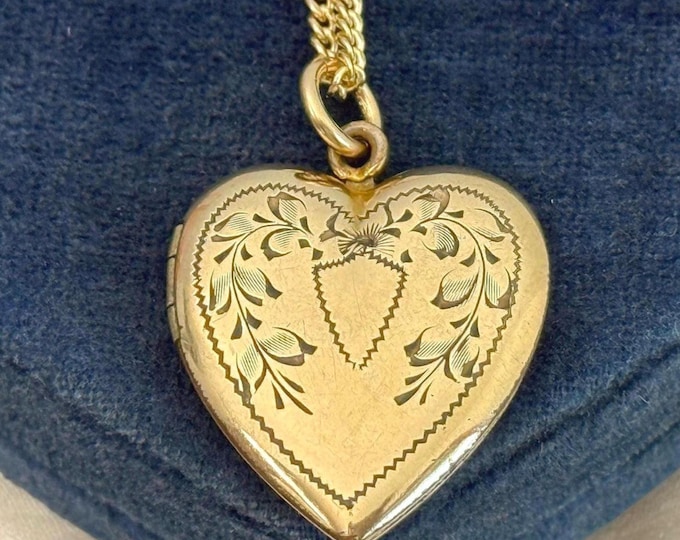 Vintage Etched Heart Locket, 12K Gold Filled, 14K GF Chain